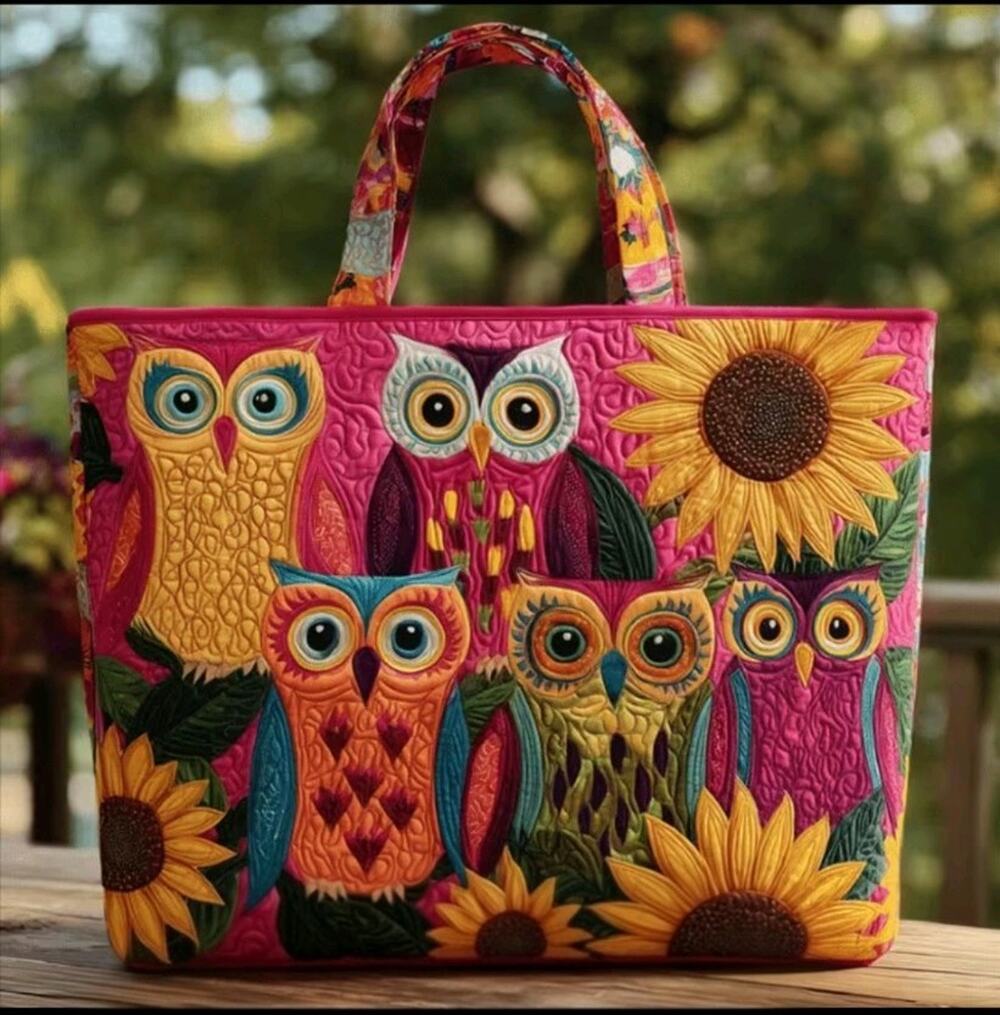 Fall Quilted Tote Bag 17" x 15" tall Sunflower Owl Theme